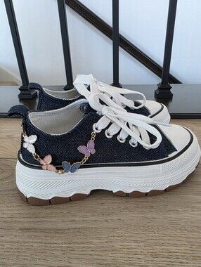 Girls Denim Platform Lace-Up Sneakers with Butterfly Charm 12